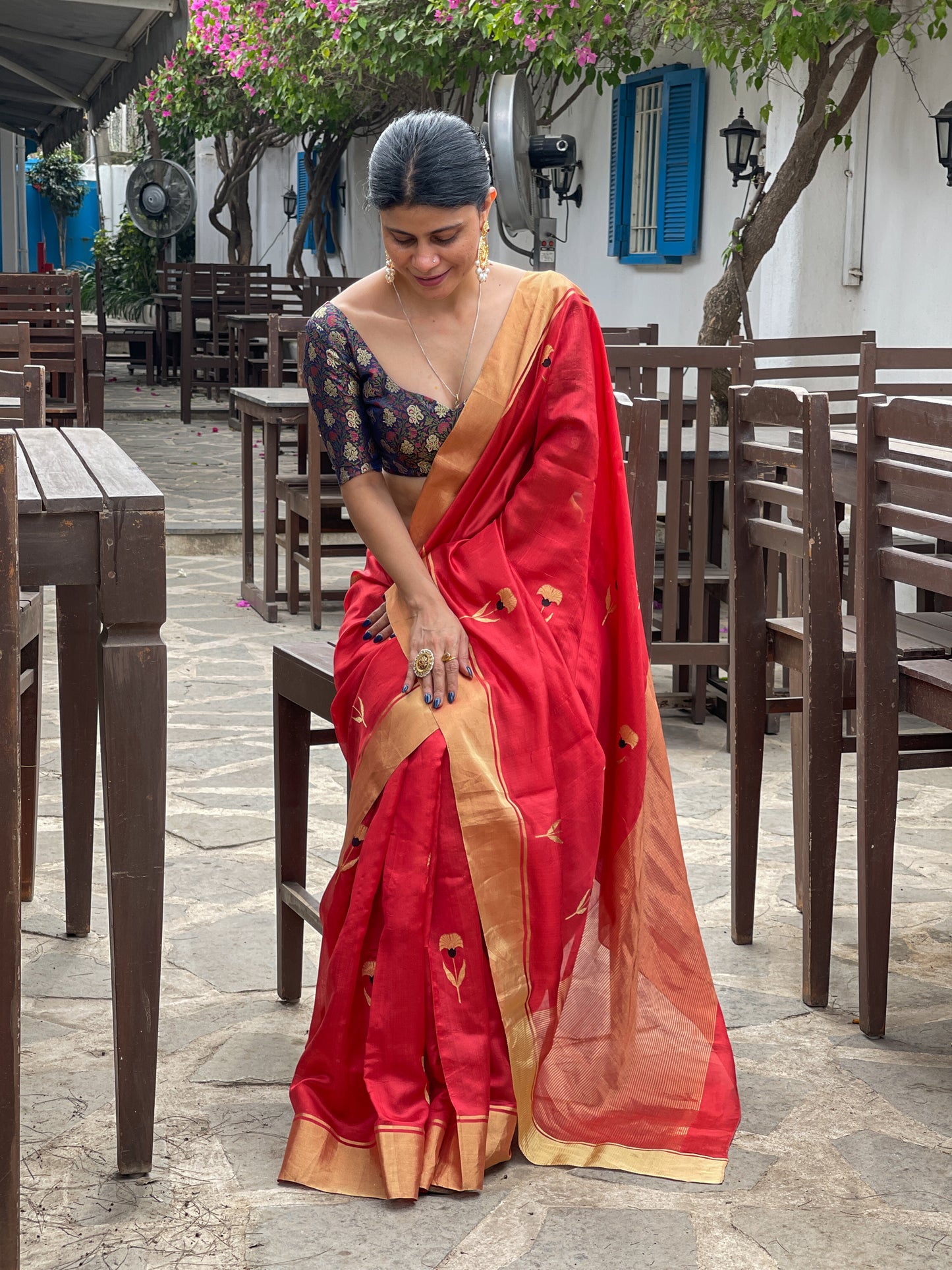 Deep Red Colour Handloom Chanderi Pattu Silk Sare with motifs.