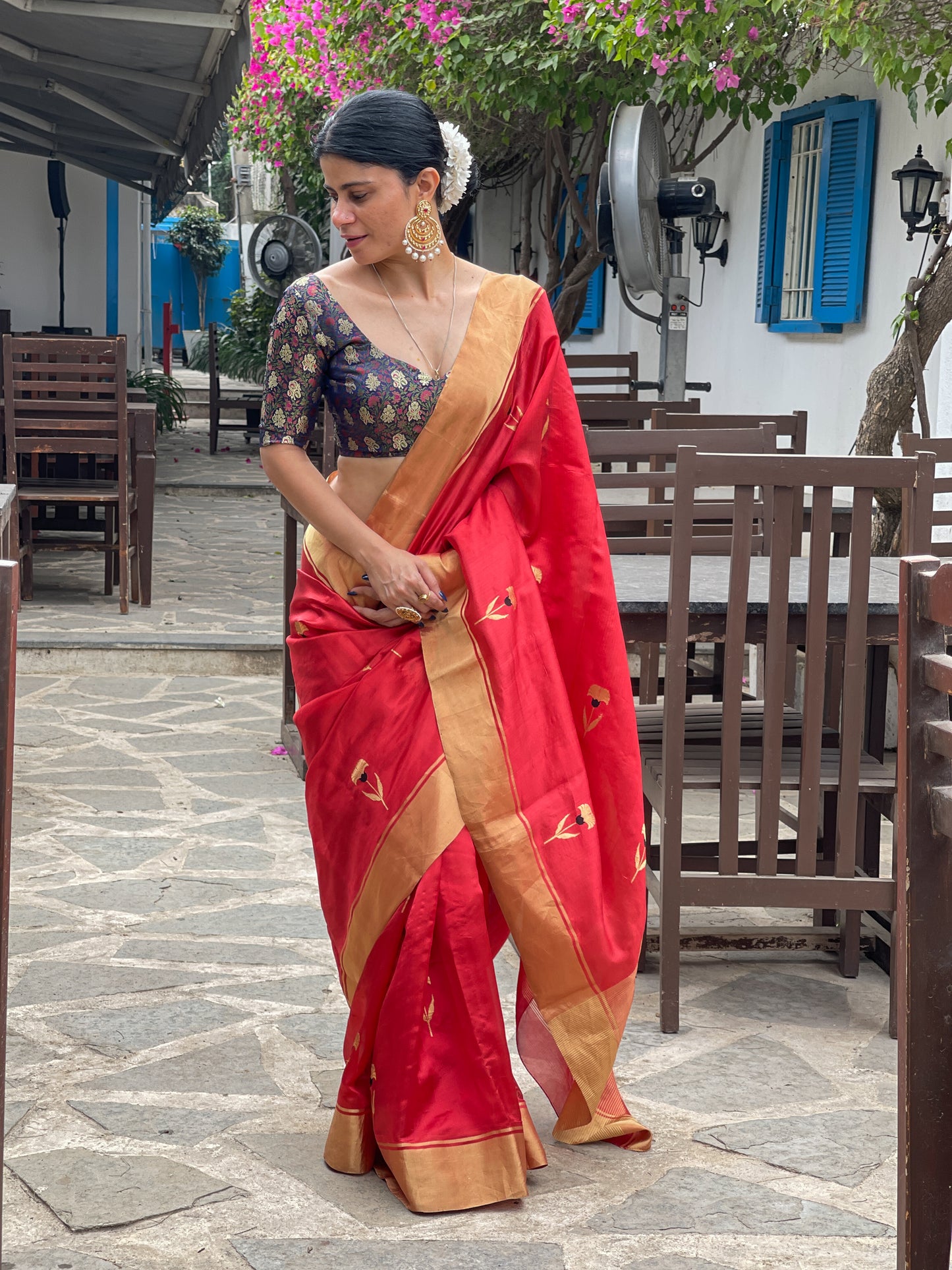 Deep Red Colour Handloom Chanderi Pattu Silk Sare with motifs.