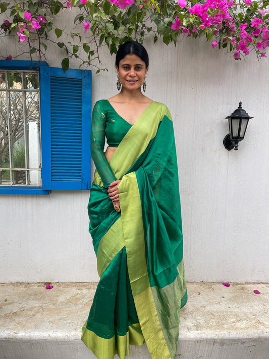 Deep Green Colour Handloom Chanderi Pattu Silk Sare with motifs.