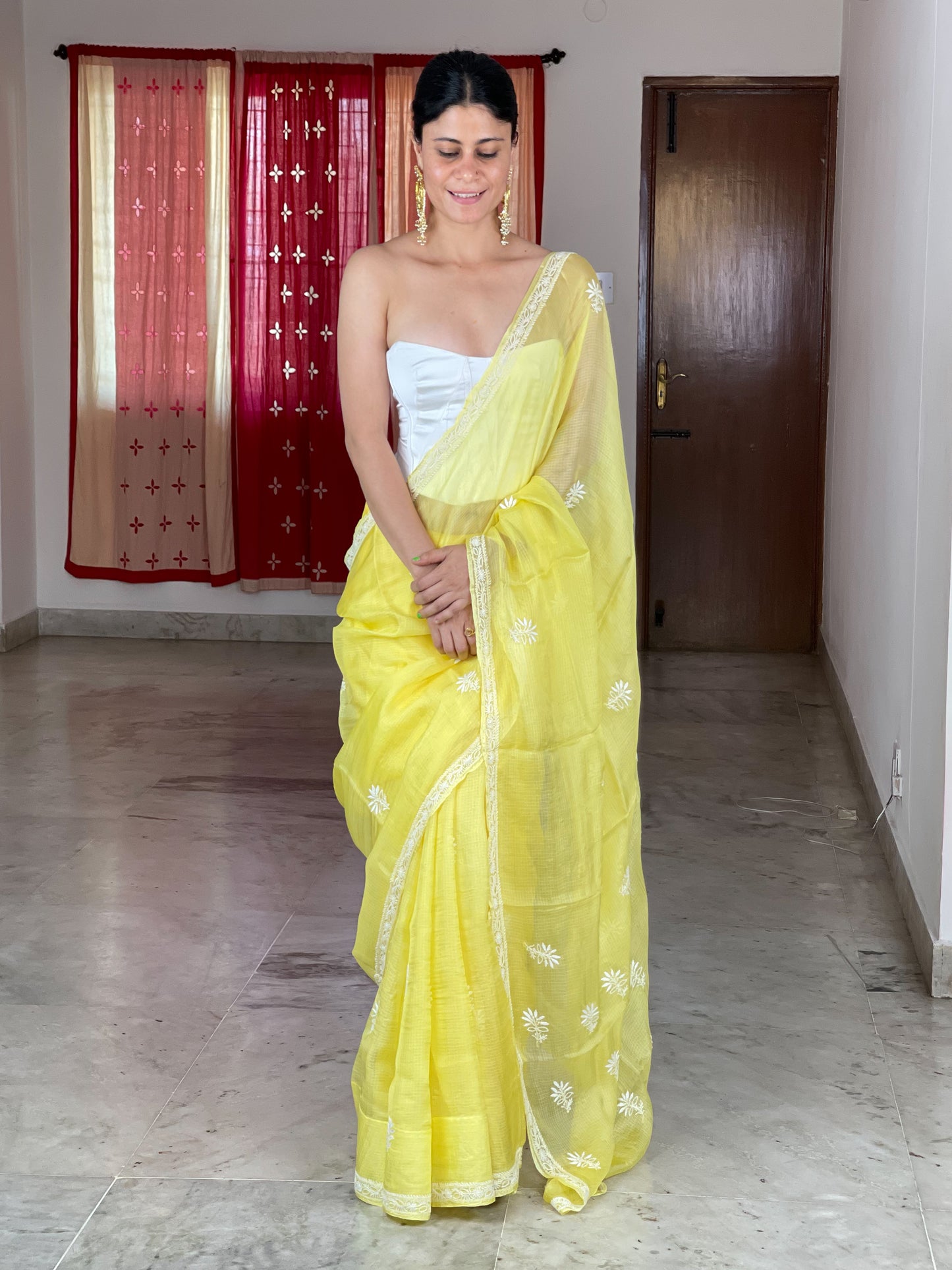 Hand embroidered chikankari kota silk saree