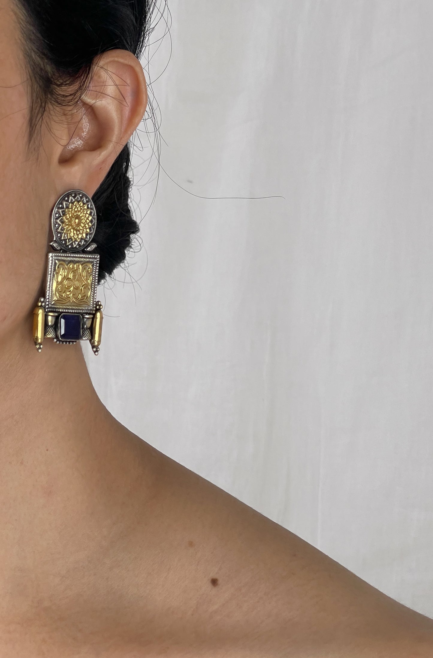 Pure Silver with Gold plated Earrings with dark blue stone.