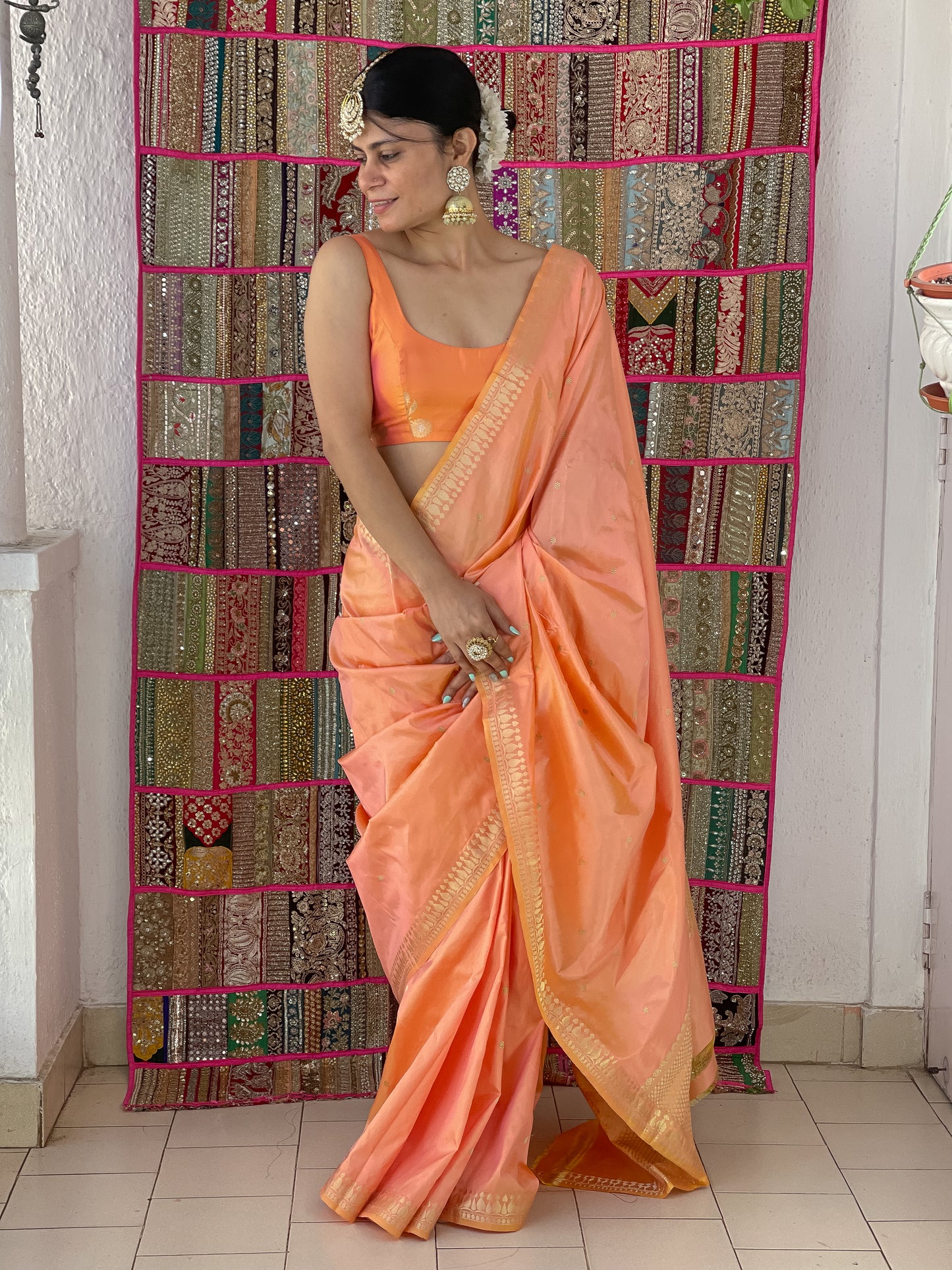 Peach Colour  Handwoven Kadwa  Katan Silk Banarasi  Saree