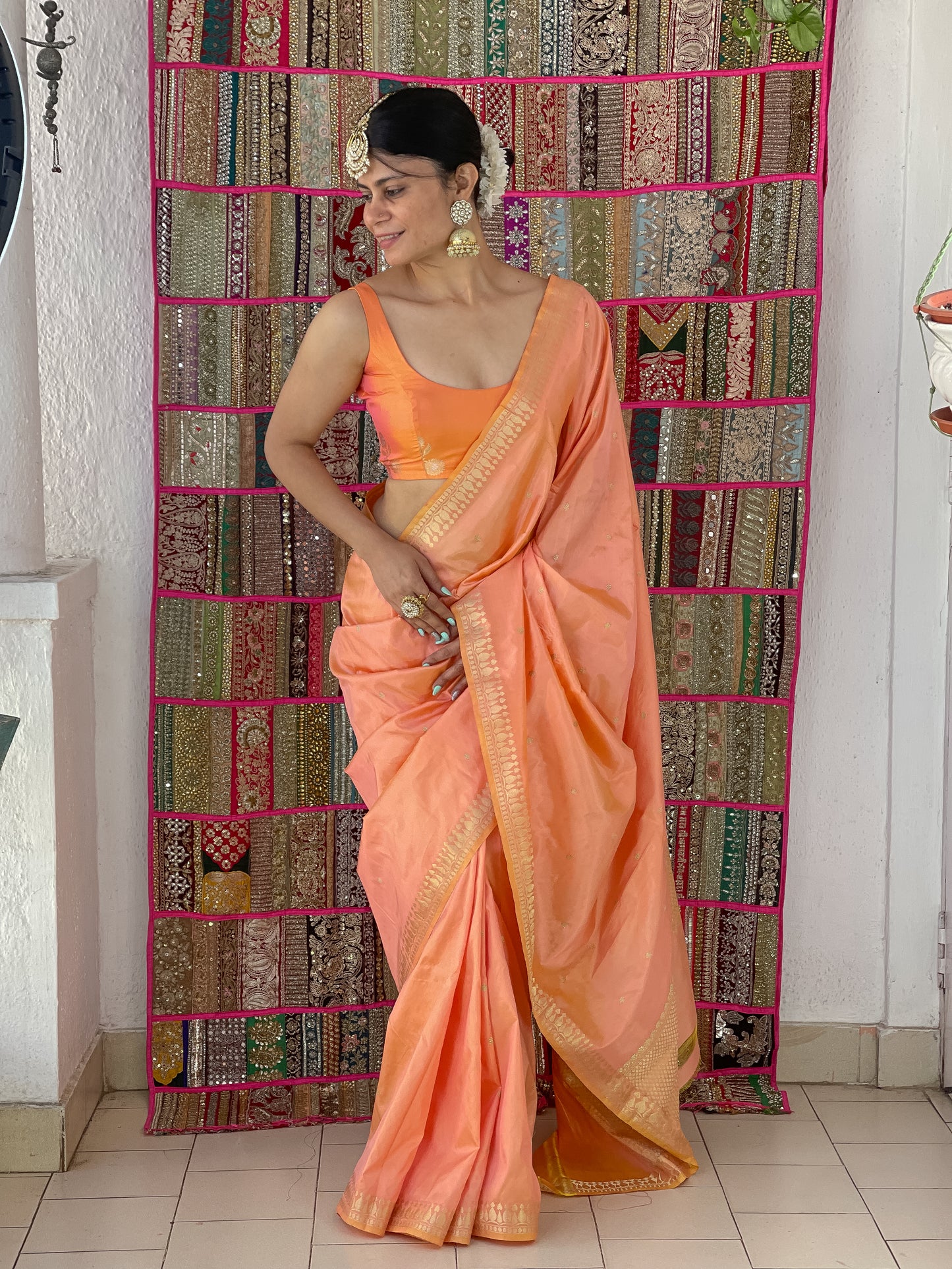 Peach Colour  Handwoven Kadwa  Katan Silk Banarasi  Saree