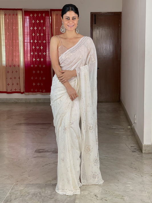 Jaal Hand embroidered mukaish in pure georgette  silk saree.