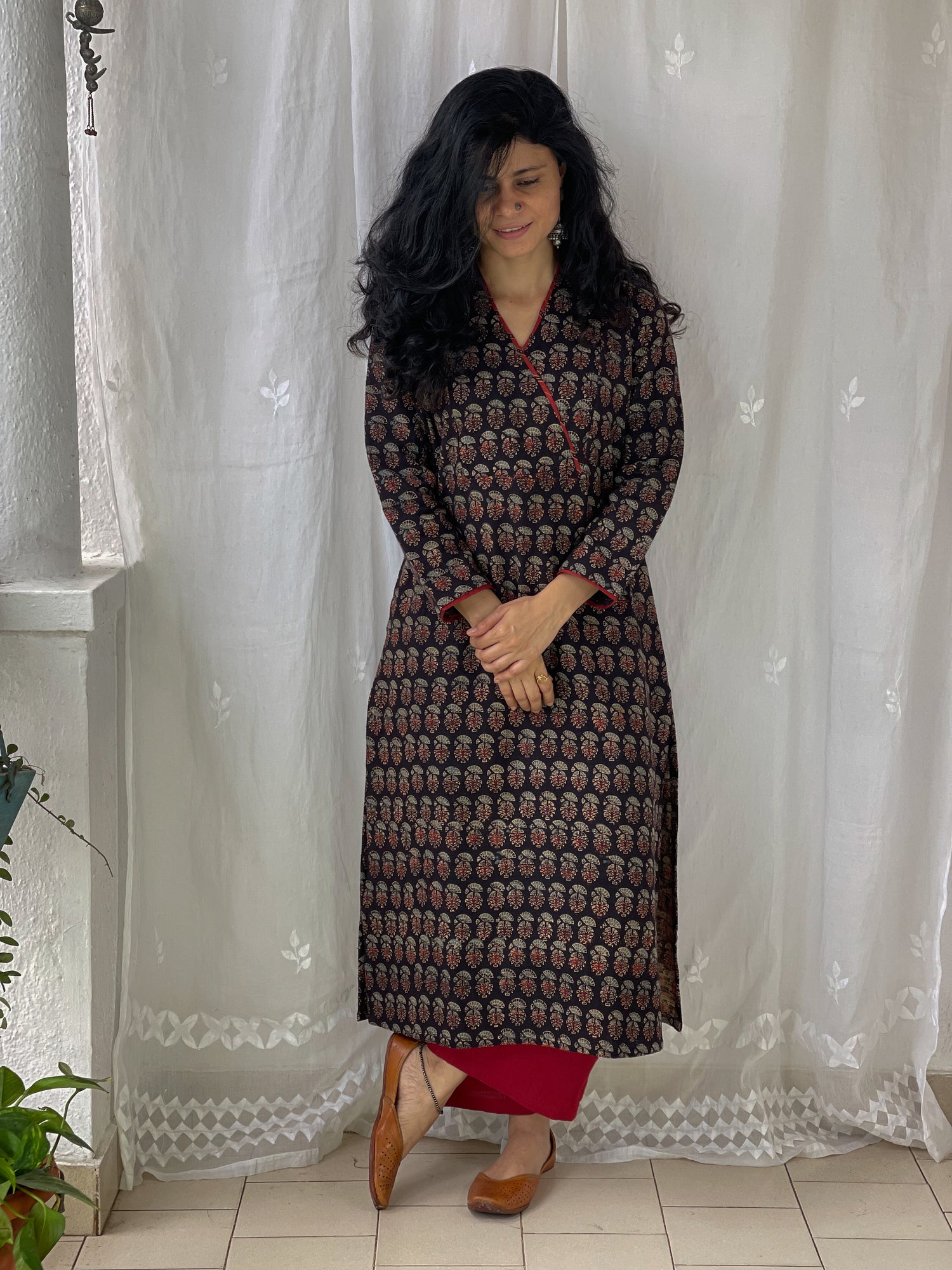 Handwoven & Handspun Cotton Handblock Printed Ajrakh Kurta With Pockets.