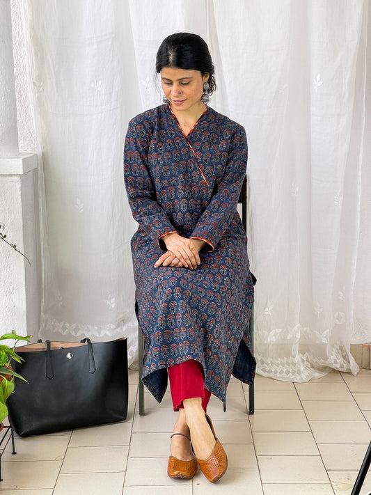 Handwoven & Handspun Cotton Handblock Printed Ajrakh Kurta With Pockets.