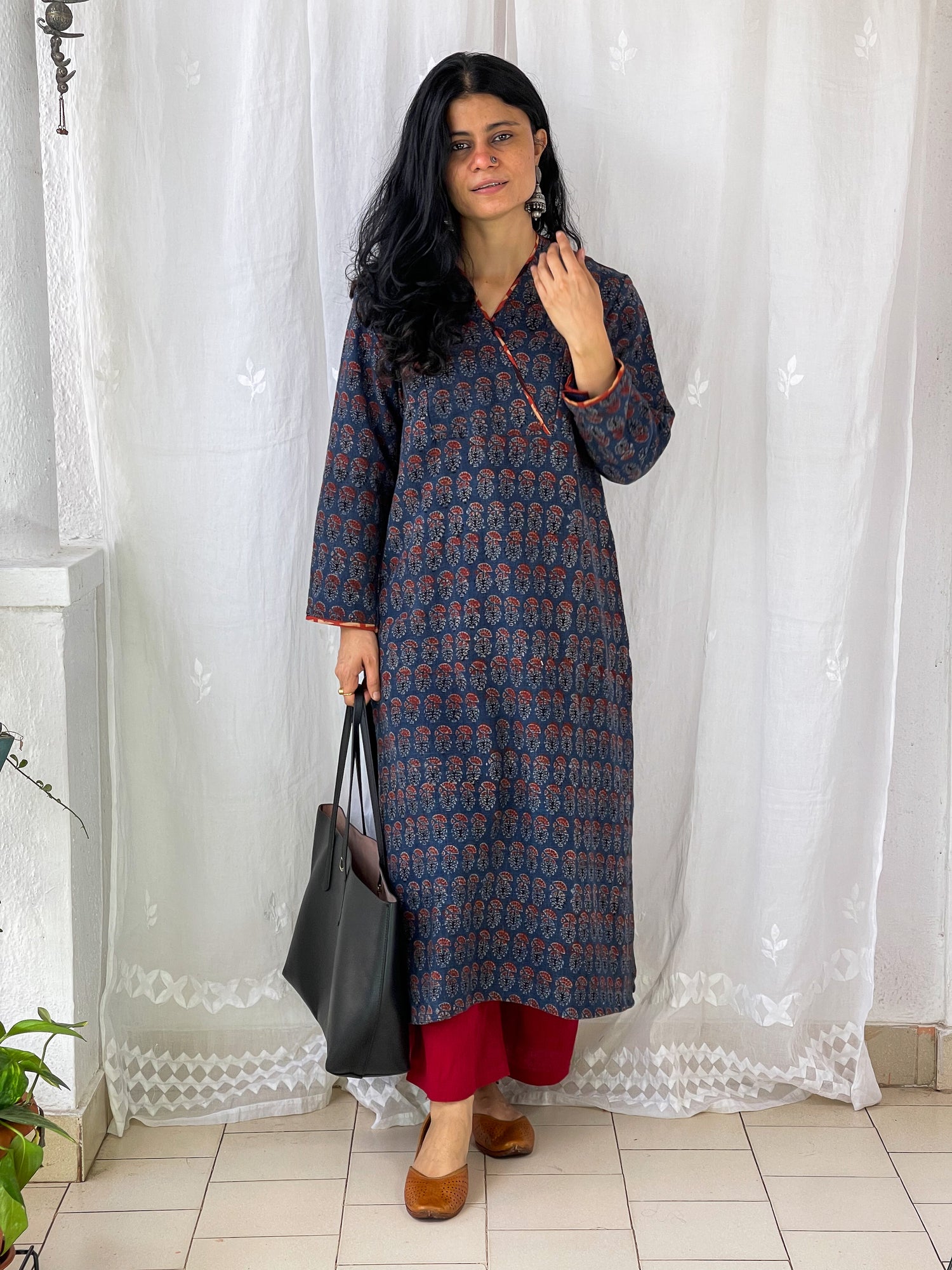 Handwoven & Handspun Cotton Handblock Printed Ajrakh Kurta With Pockets.