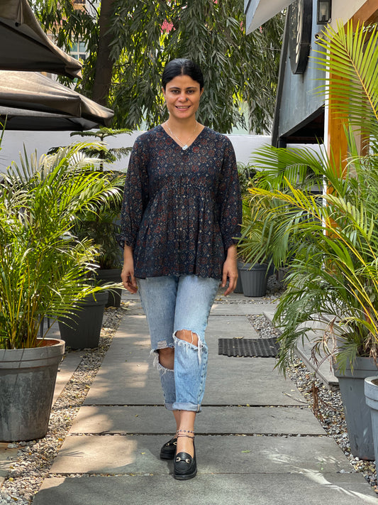 Handblock Printed Ajrakh kalidarr short Kurta