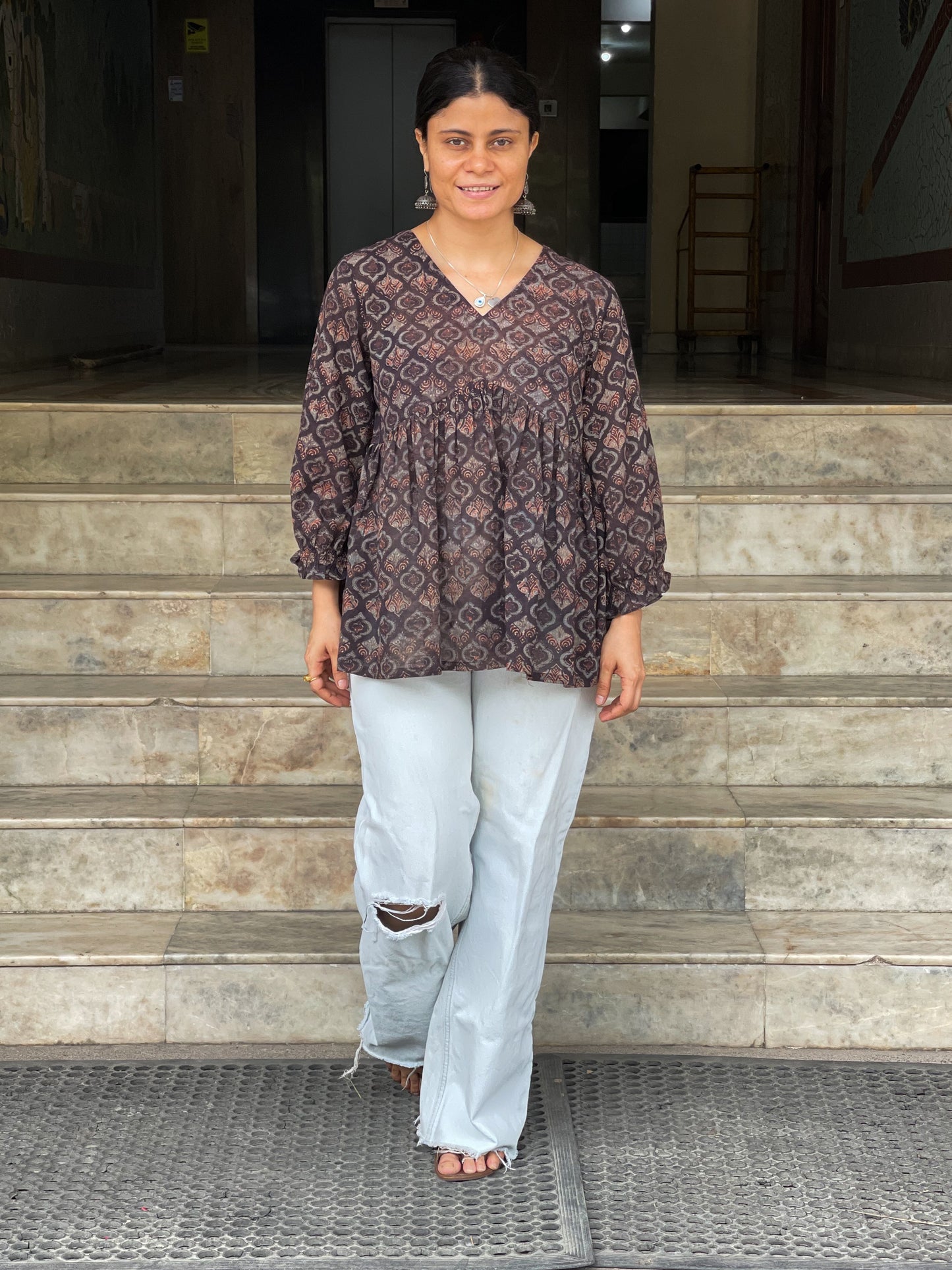 Handblock Printed Ajrakh kalidarr short Kurta